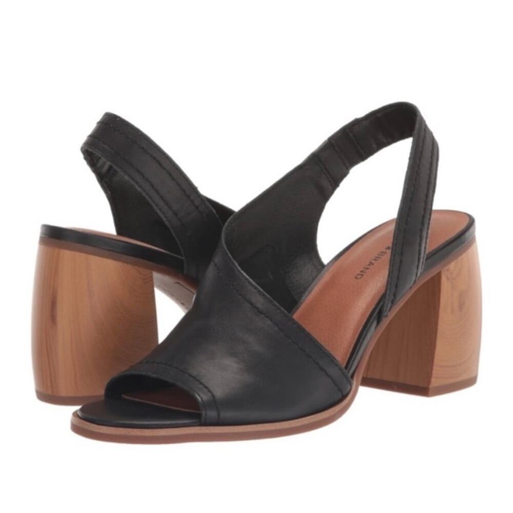 Lucky Brand Sz 6.5 Black Leather Xilna High Block Heel Peep Toe D'Orsay Sandals